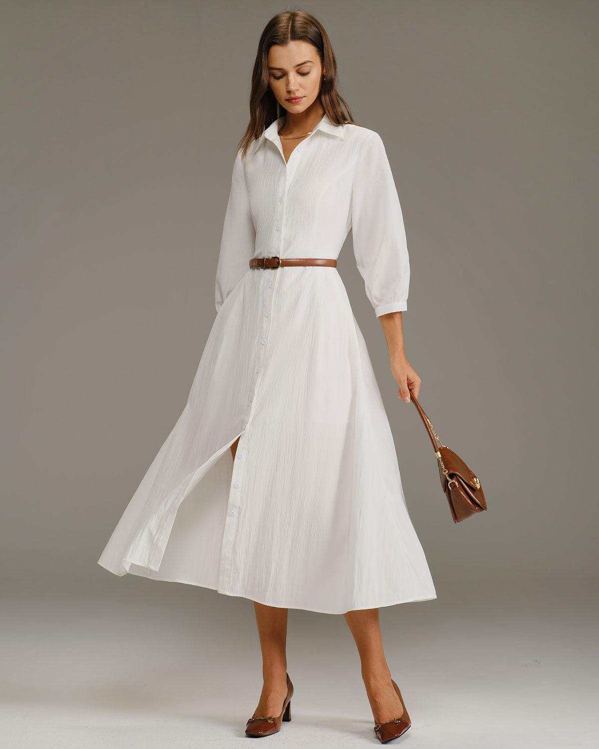 White A-Line Button Midi Dress Product Image