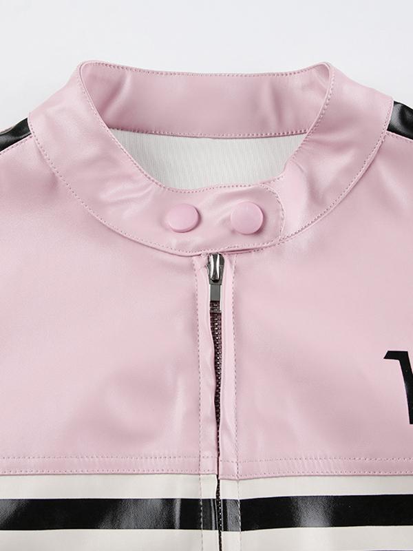 Striped Contrast Color Splice Leather Jacket Product Image