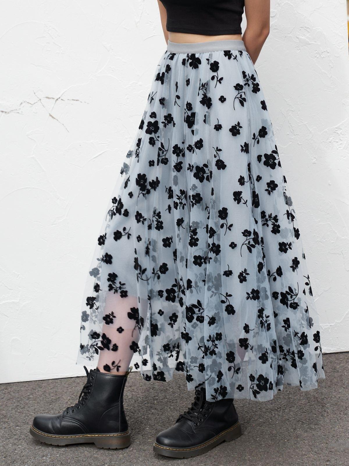 Lining Mesh Floral Midi Skirt Product Image