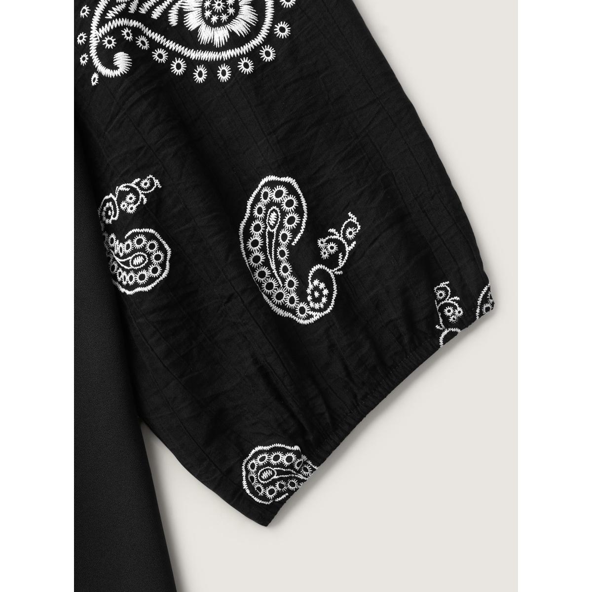 Plus Size Black Paisley Embroidered Sleeve Spliced Blouse Women Boho Elbow-length sleeve Flat collar with V-notch Vacation Blouses BloomChic 12/L Product Image