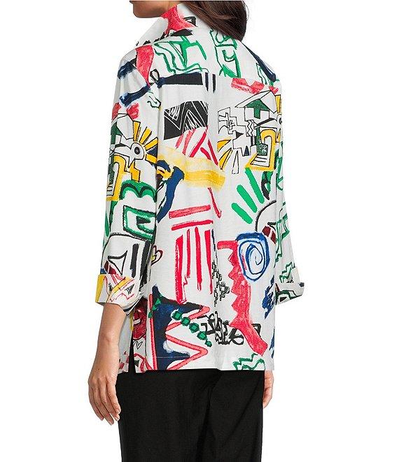 Ali Miles Woven Abstract Doodle Print Wire Collar 3/4 Sleeve Button Front Tunic Product Image