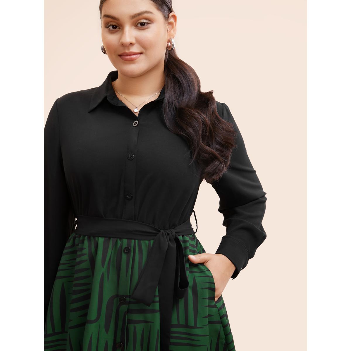 Plus Size Geometric Patchwork Button Up Belted Dress Black Women At the Office Belted Shirt collar Long Sleeve Curvy BloomChic 14-16/1X Product Image
