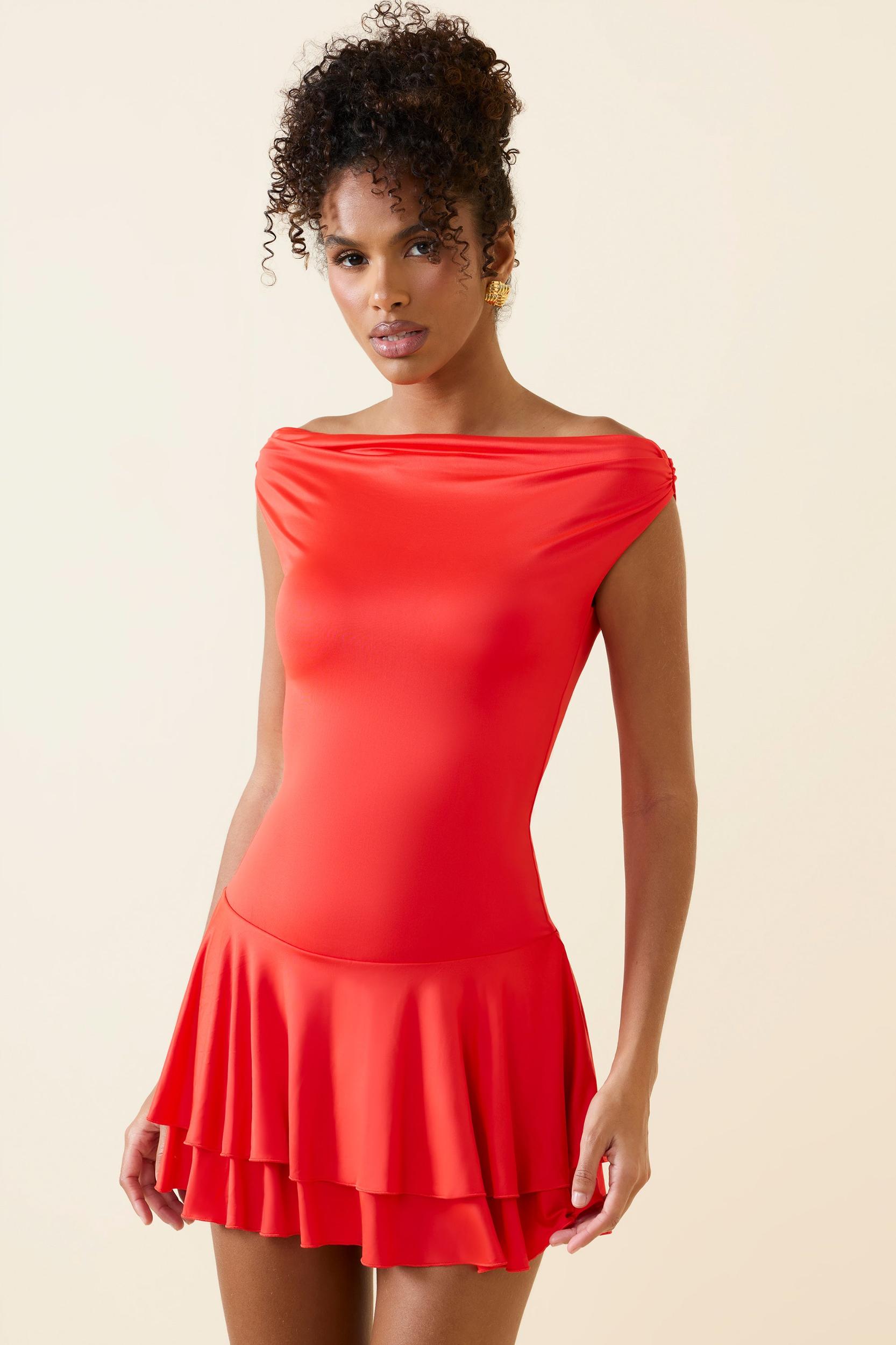 Off-Shoulder Ruffled Mini Dress in Scarlet Female Product Image