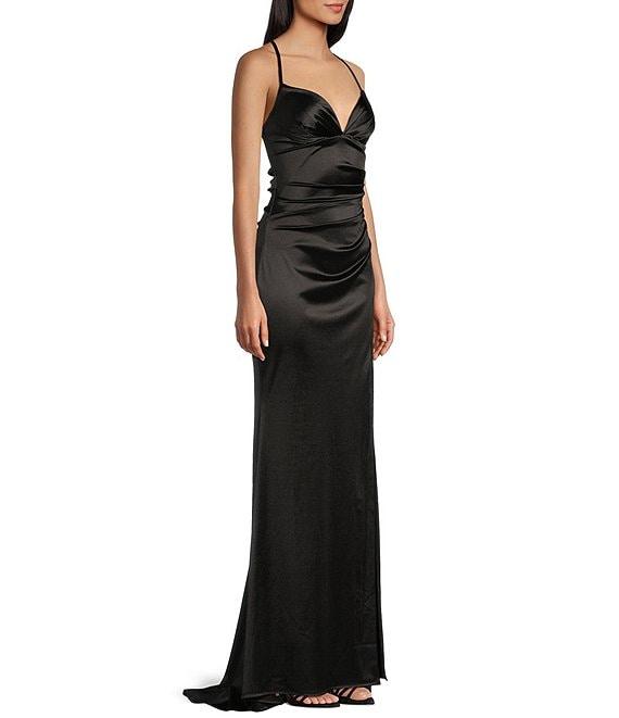 B. Darlin V-Neck Shirred Front Slit Long Satin Dress Product Image