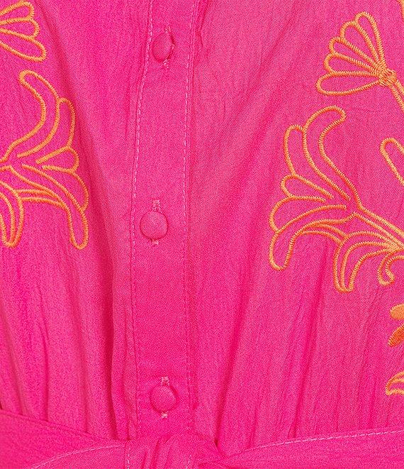 Calessa Plus Size Embroidered Split V-Neck Short Sleeve Belted Dress Product Image