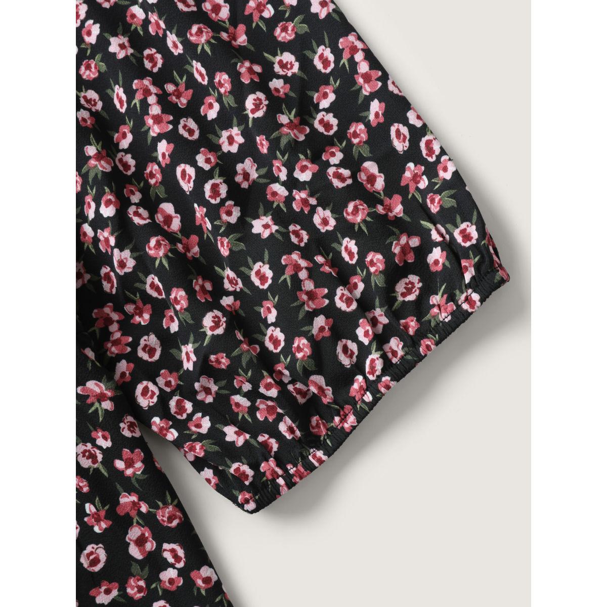 Plus Size BlackFlower Floral Adjustable Drawstring Neck Shirred Blouse Women Timeless Elbow-length sleeve Square Neck Elegant Blouses BloomChic 10/M Product Image