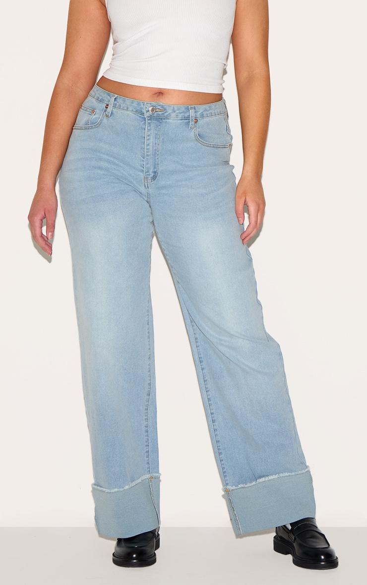 Shape Light Blue Stretch Denim Highwaisted Distressed Turn Up Hem Jeans Product Image