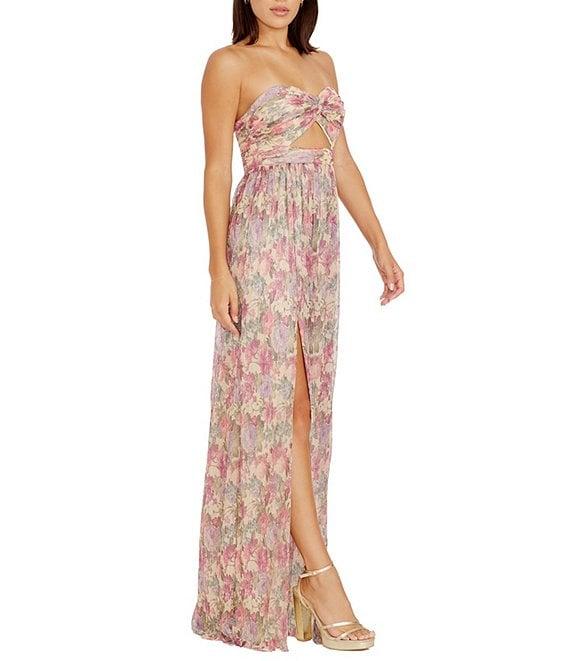 Dress the Population Angelique Sweetheart Strapless Cutout Floral Printed Metallic Chiffon Front Slit Sheath Gown Product Image