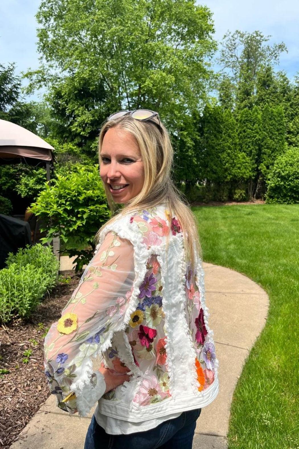 White Denim Floral Jacket Product Image