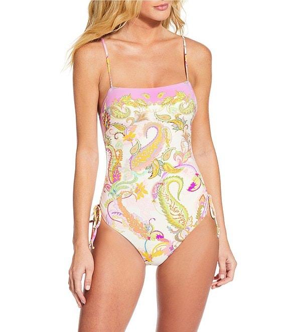 Gianni Bini Paisley Square Neck Ruched Tie Side One Piece Swimsuit Product Image
