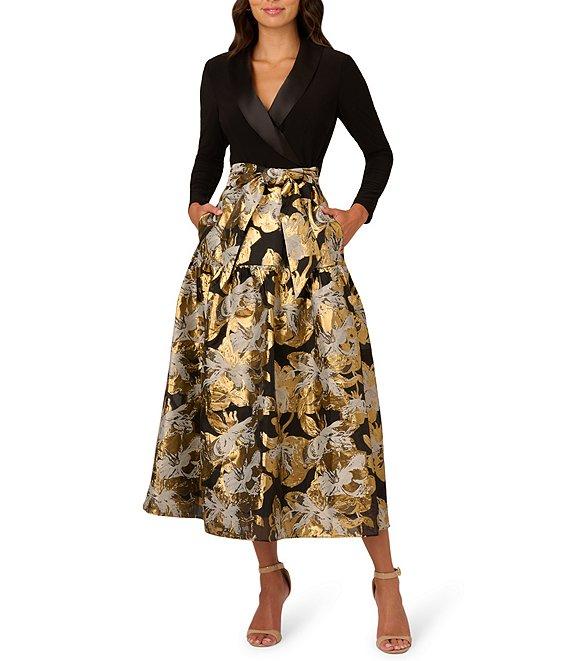 Adrianna Papell Floral Jacquard Lapel V-Neck Long Sleeve Side Pocket Tuxedo Midi Dress Product Image