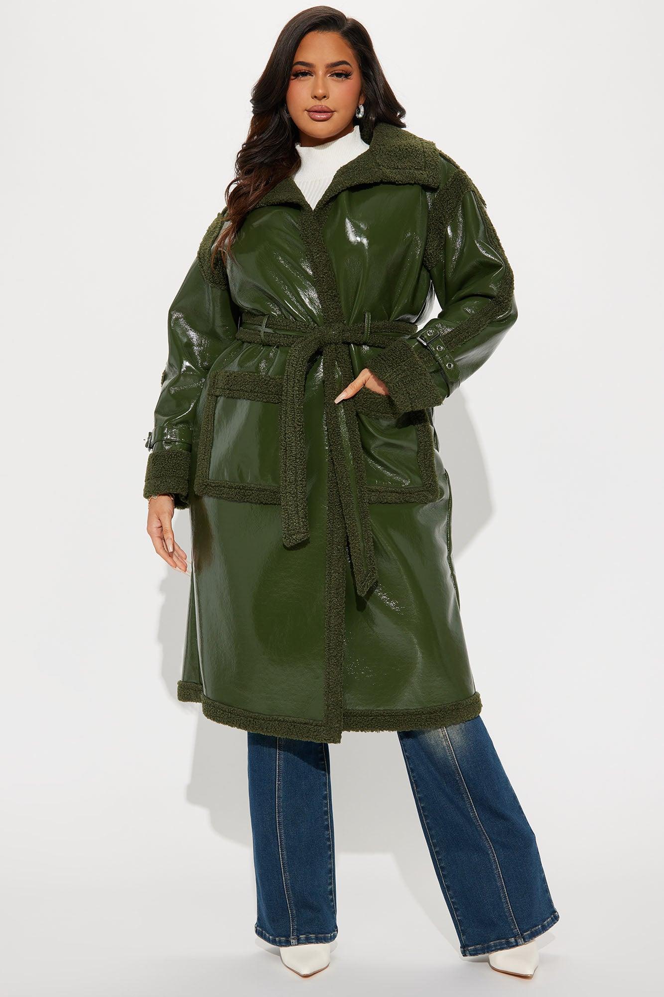 Bad Ideas Shearling Trench Coat - Olive Female Product Image