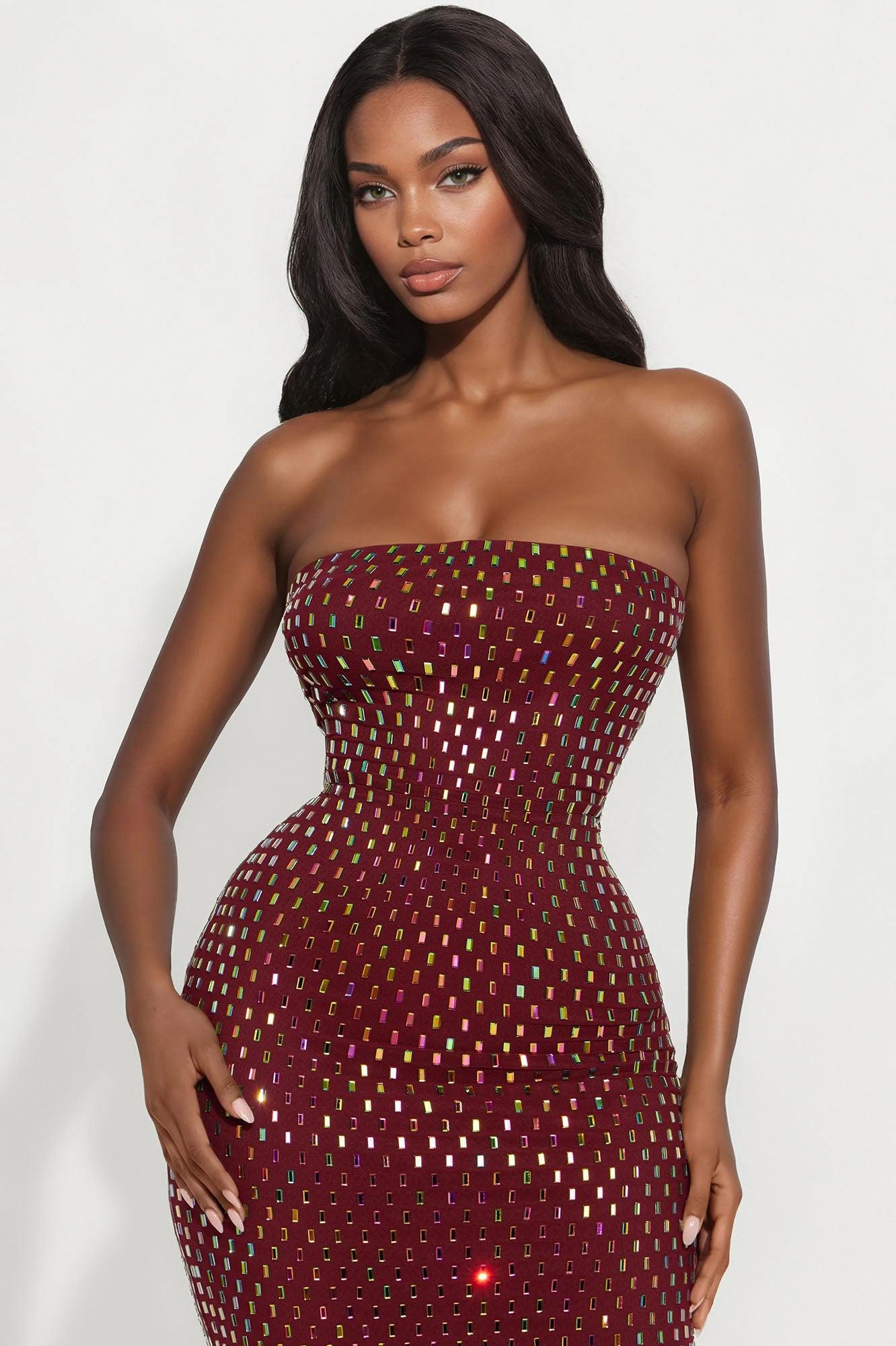 Maria Embellished Mesh Maxi Tube Dress - Wine Female Product Image