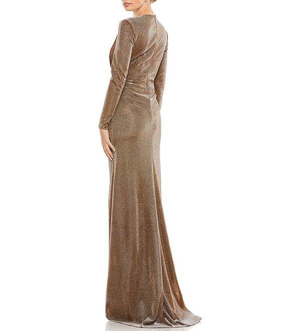 Mac Duggal Metallic Deep V-Neck Long Sleeve Twist Front Slit Gown Product Image