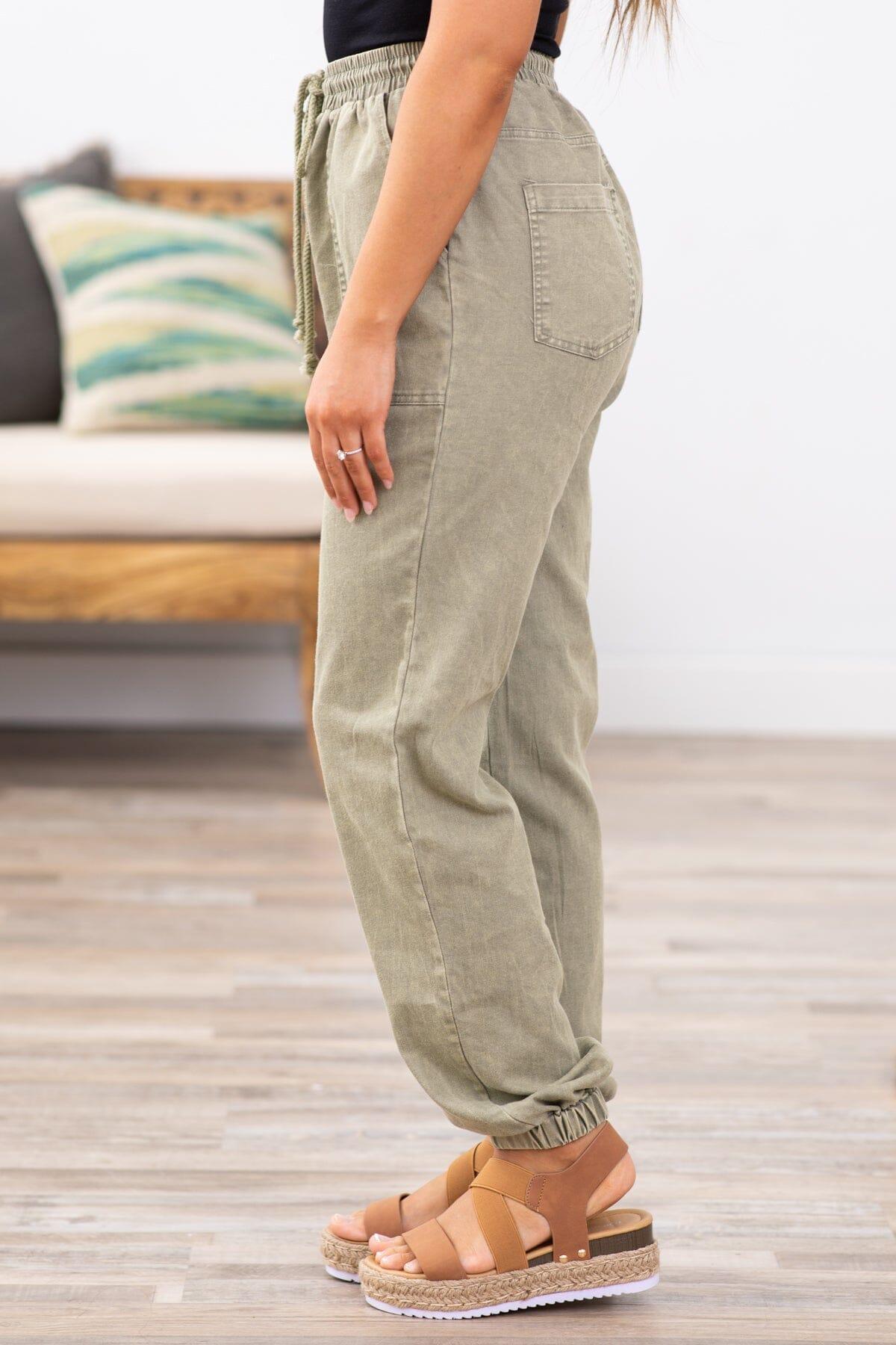 Olive Washed Elastic Waist Joggers Product Image