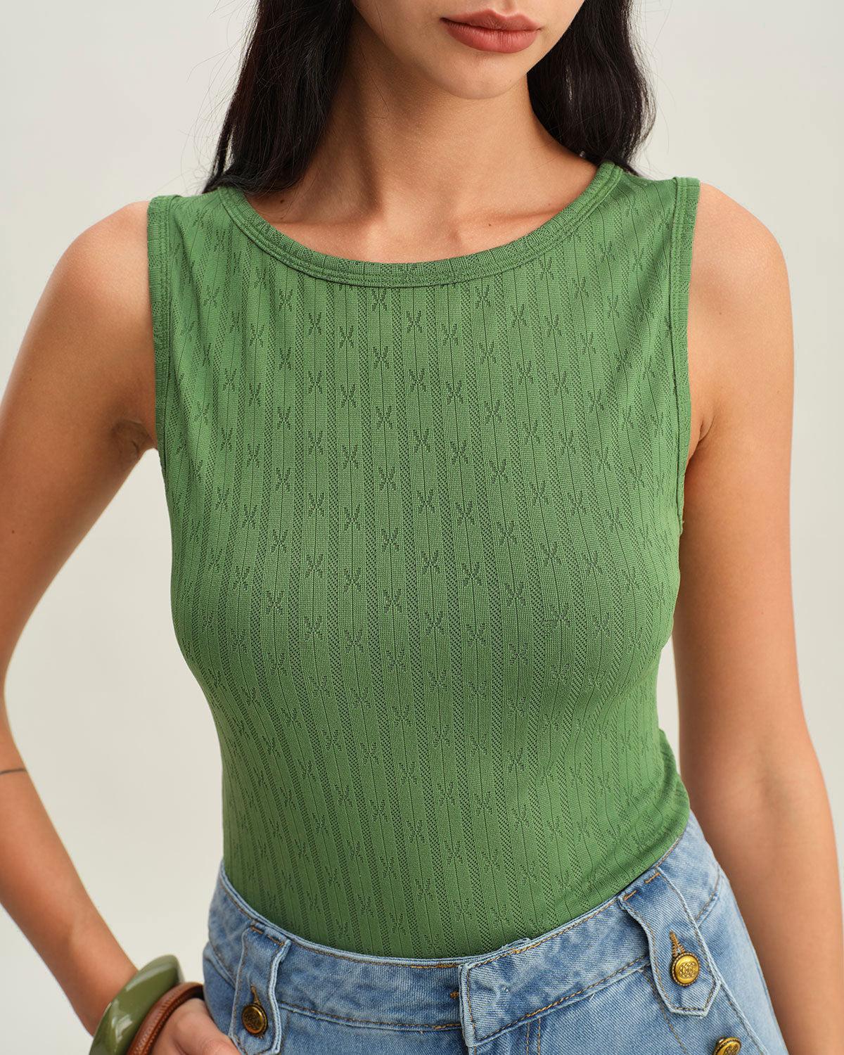 Green Boat Neck Knit Tank Top Product Image