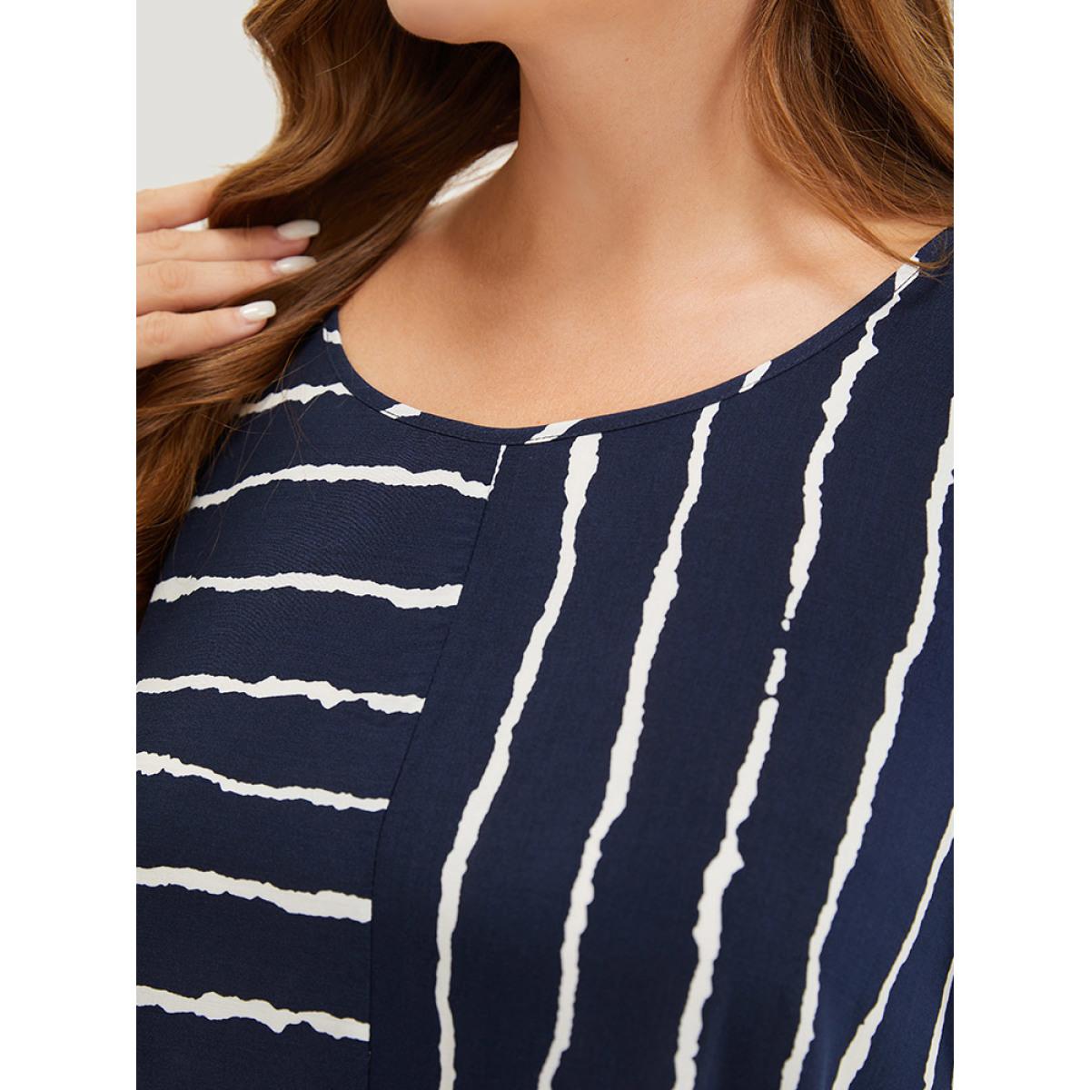 Plus Size Indigo Striped Patchwork Hanky Hem Blouse Women Office Short sleeve Round Neck Dailywear Blouses BloomChic 12/L Product Image