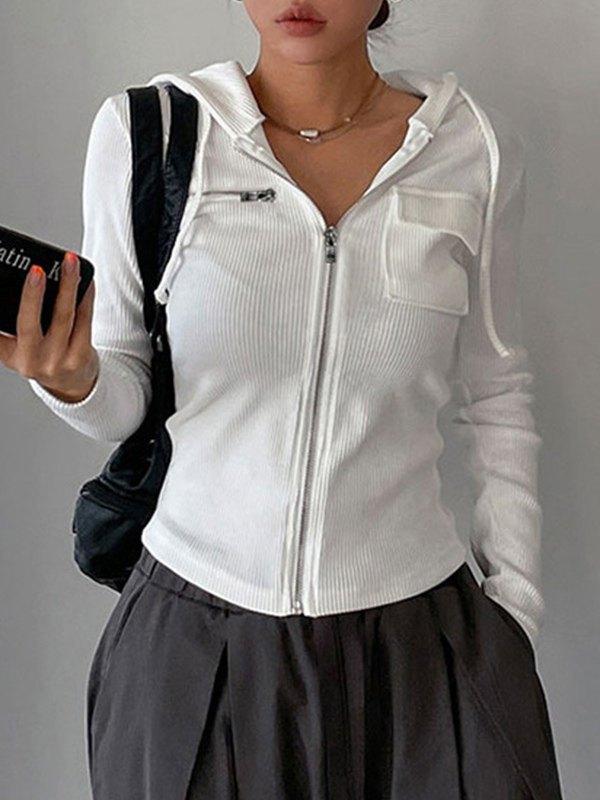 White Zip Up Hooded Cropped Knit Top Product Image
