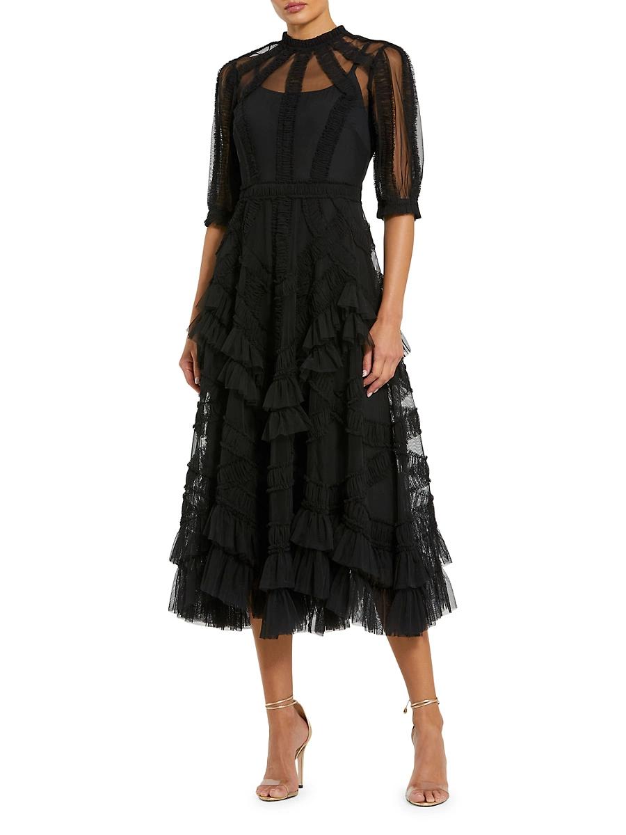 Womens High-Neck Gathered Tulle Midi-Dress Product Image