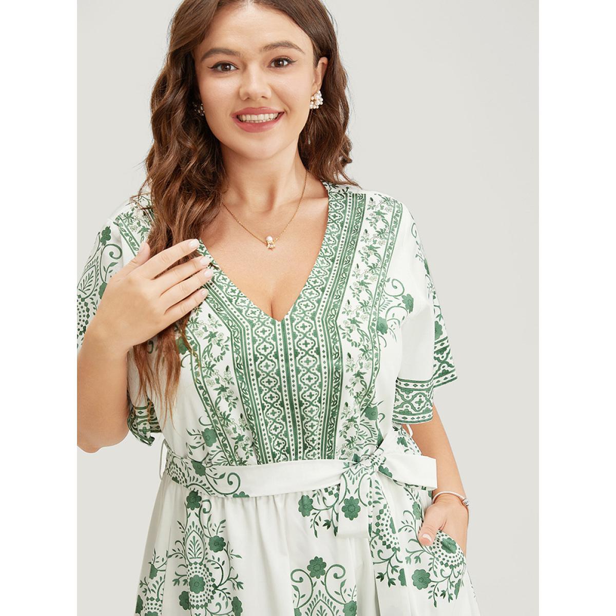 Plus Size Bandana Print Ruffle Sleeve Pocket Belted Midi Dress Green Women Vacation Lined V-neck Short sleeve Curvy Midi Dress BloomChic 22-24/3X Product Image