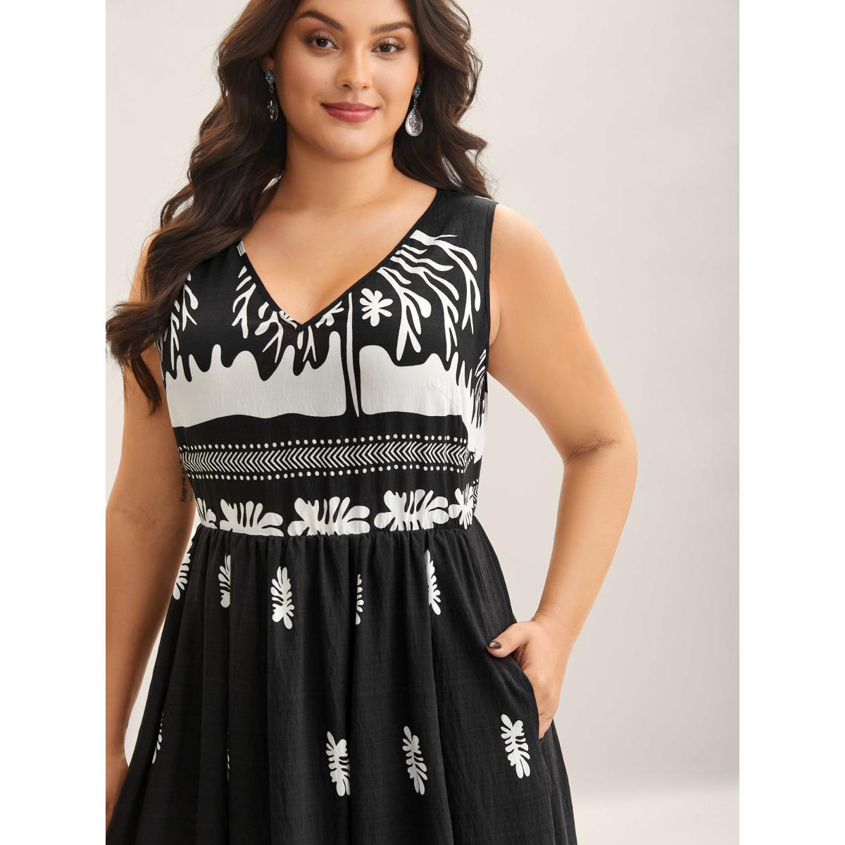 Plus Size Tropical Breeze Print Pockets Midi Dress Black Women V-neck Sleeveless Curvy BloomChic 22-24/3X Product Image