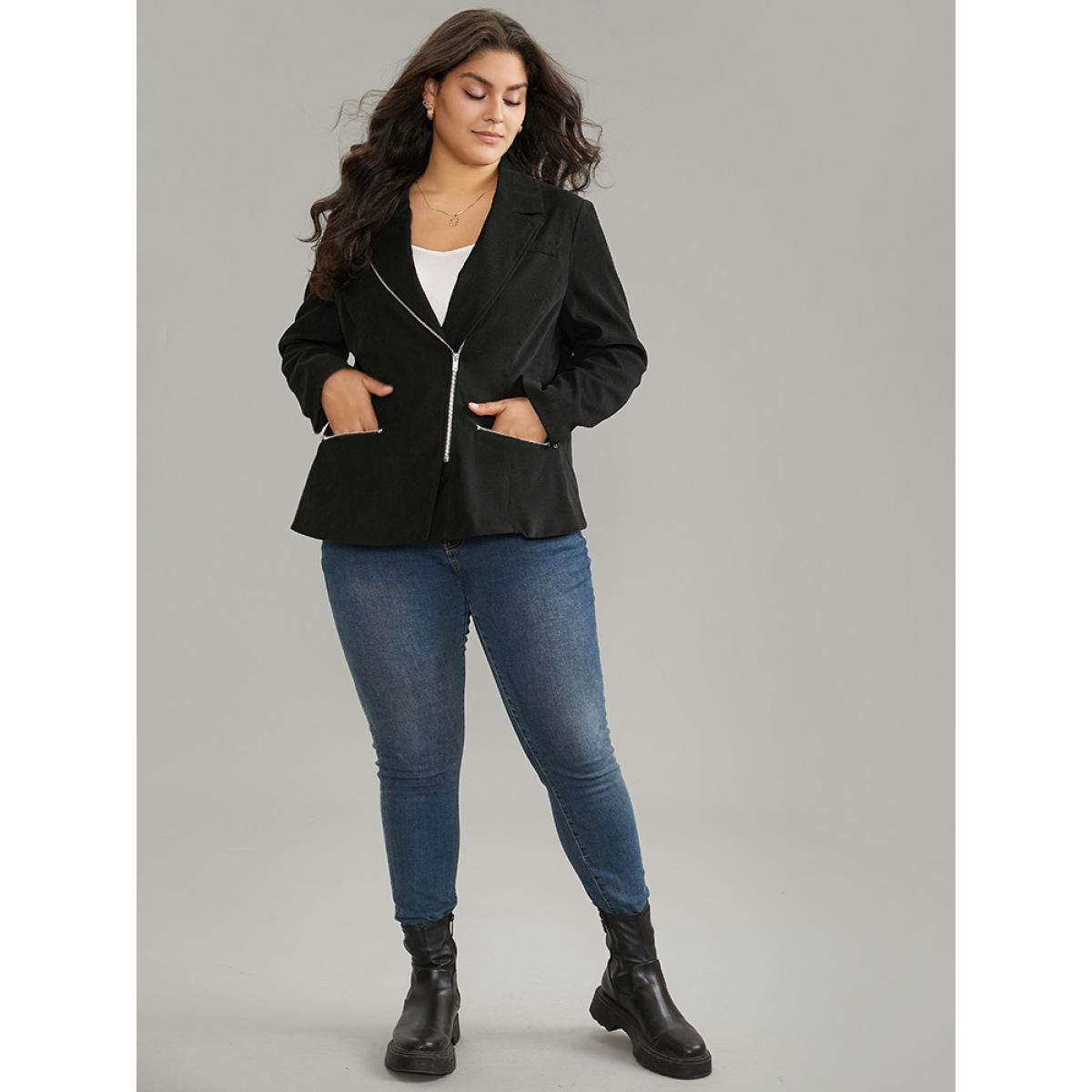 Plus Size Solid Corduroy Zipper Lapel Collar Blazer Black Women Office Plain Lined Sleeve Long Sleeve Lapel Collar 26/4X Pocket At the Office Blazers BloomChic Product Image
