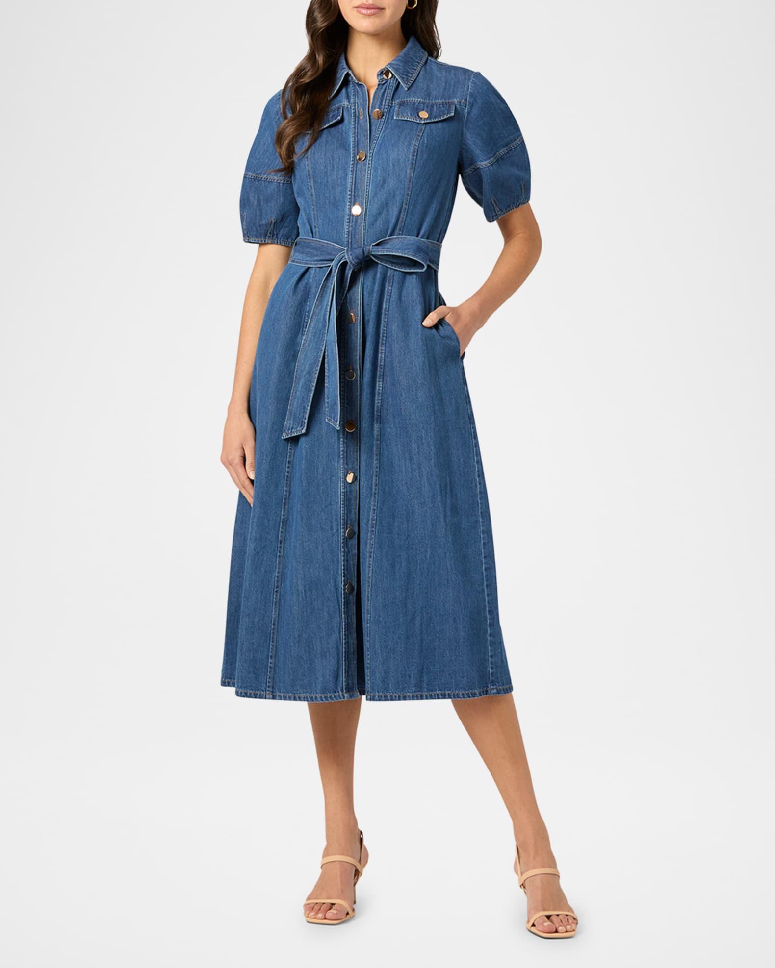 Mara Puff-Sleeve Denim Midi Shirtdress Product Image