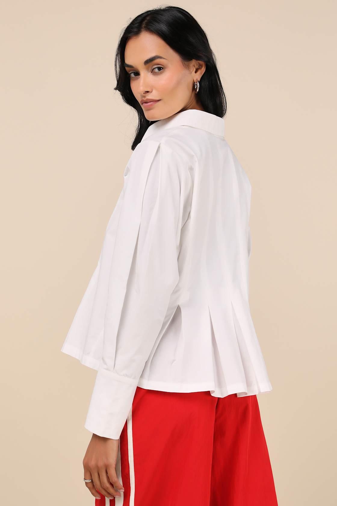 Convincingly Chic Ivory Pleated Long Sleeve Button-Up Top Product Image