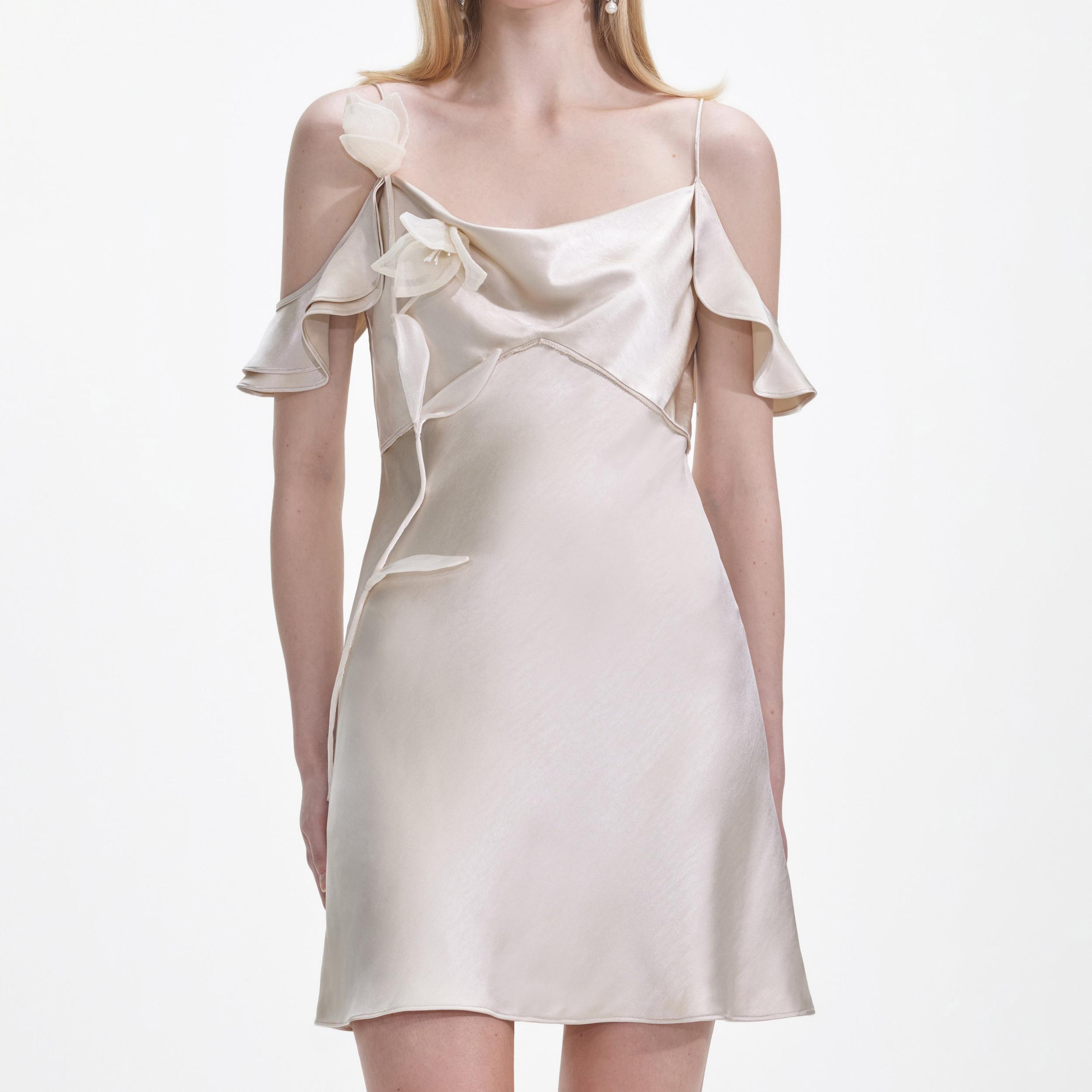 Champagne Flower Satin Mini Dress Product Image