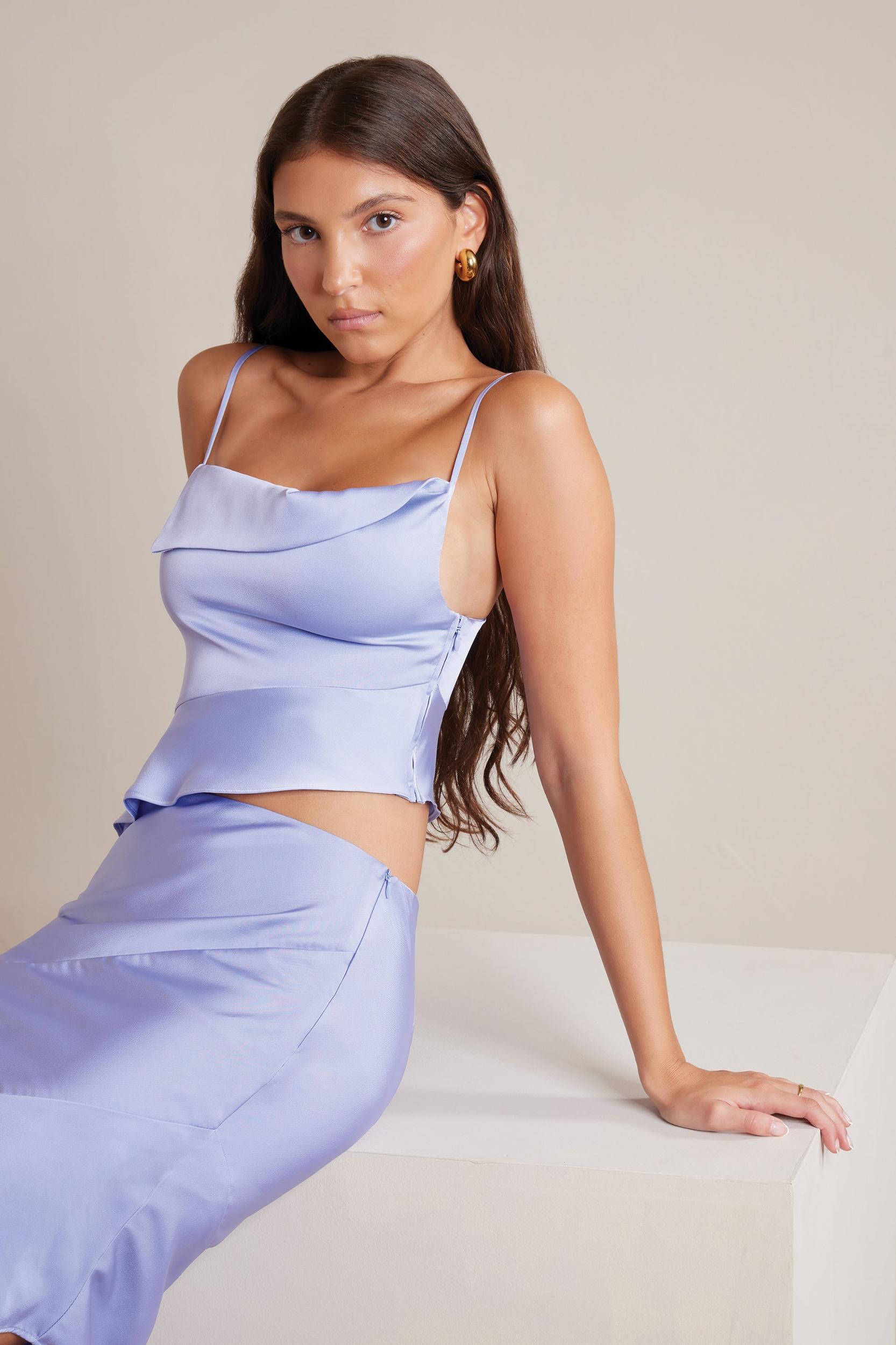 Bias Cut Satin Cowl Neck Crop Top in Periwinkle Product Image