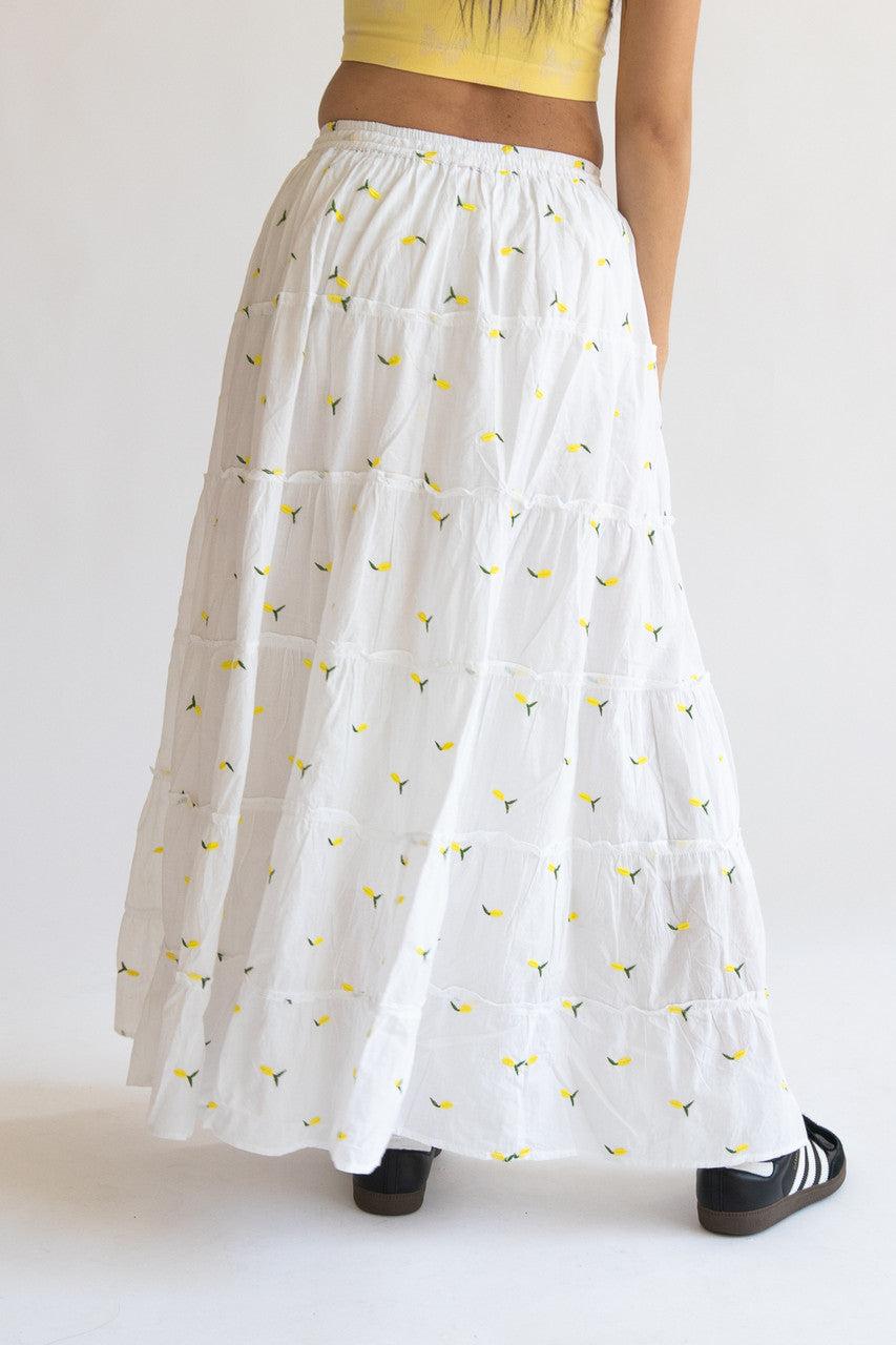 Embroidered Lemon Tiered Maxi Skirt Product Image
