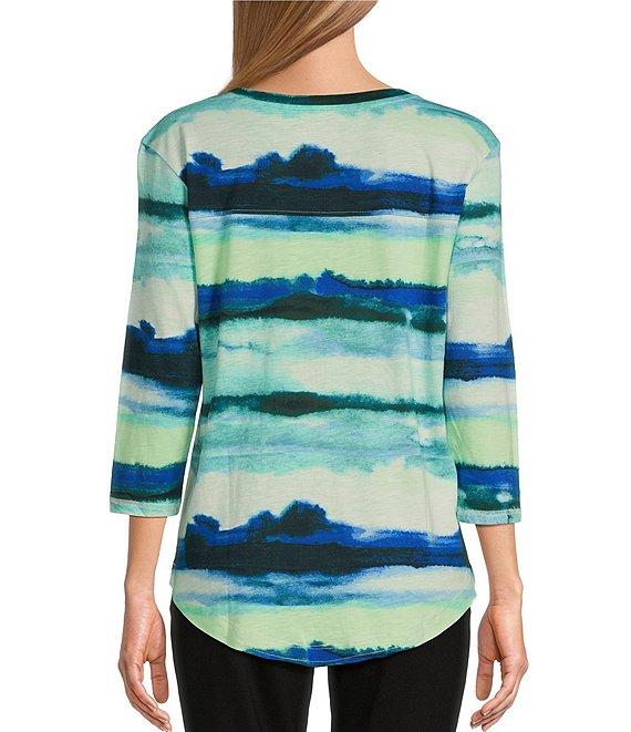 Westbound Petite Size Ocean Stripe 3/4 Sleeve Knit Crew Neck Top Product Image