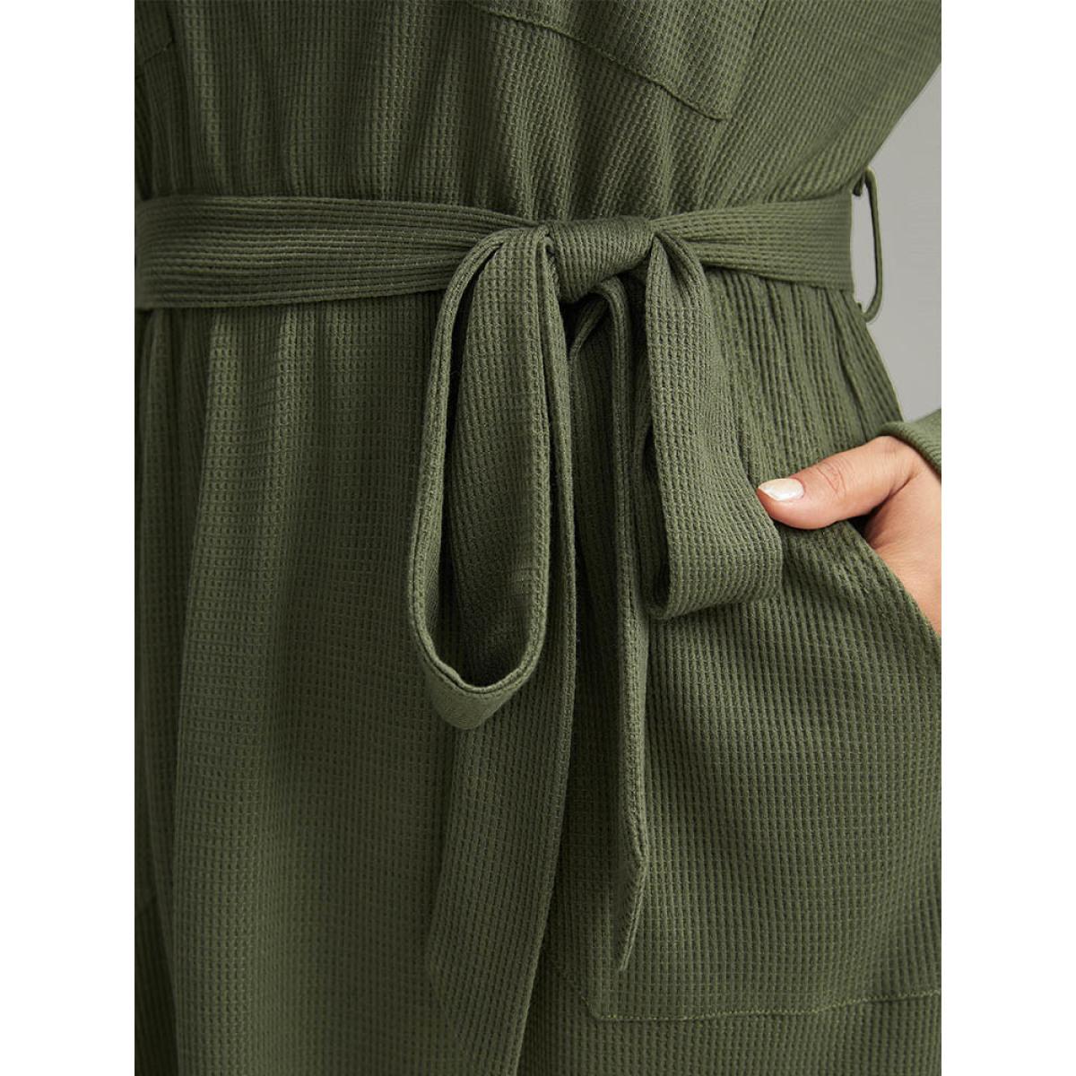 Plus Size Plain Textured Belted Button Up Dress ArmyGreen Women Casual Texture Round Neck Long Sleeve Curvy Midi Dress BloomChic 12/L Product Image
