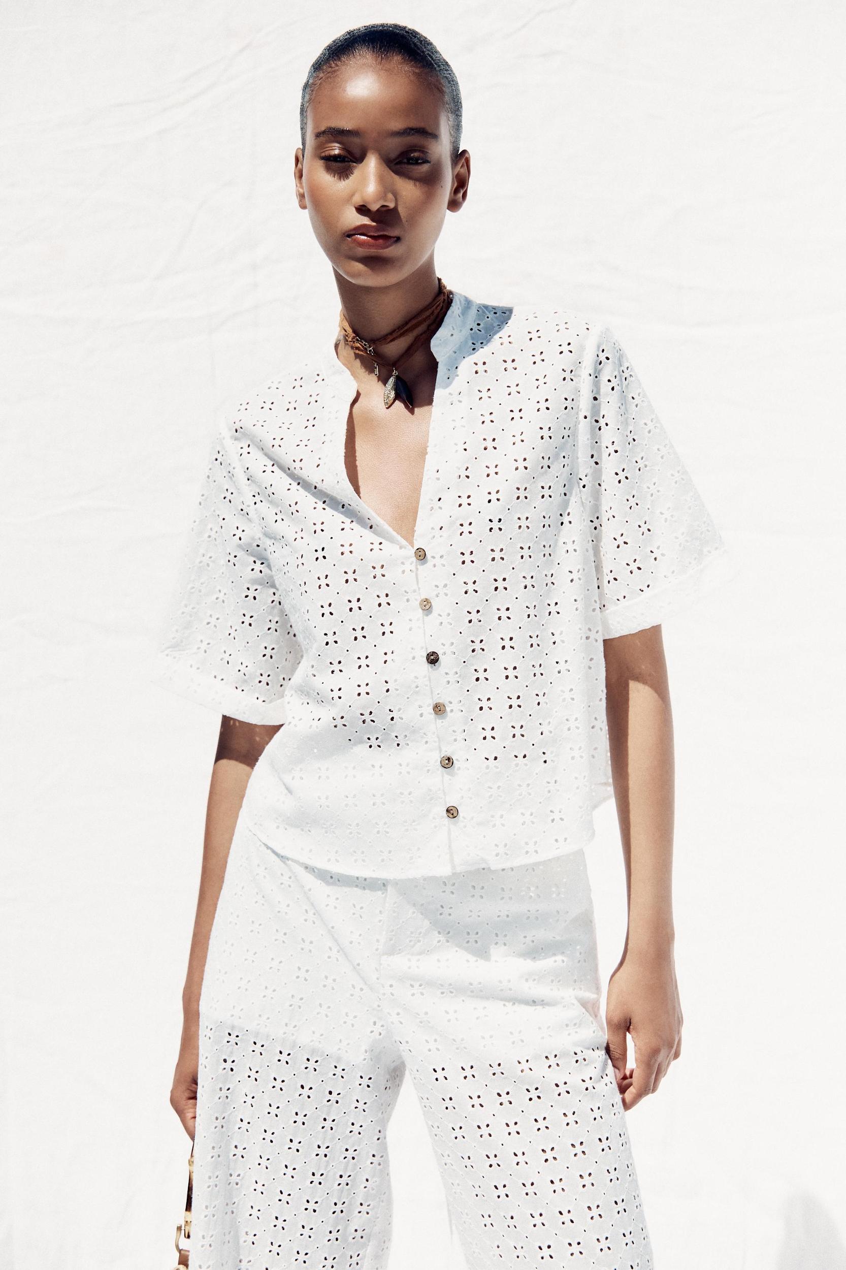 SHORT SLEEVE EYELET EMBROIDERED SHIRT Product Image