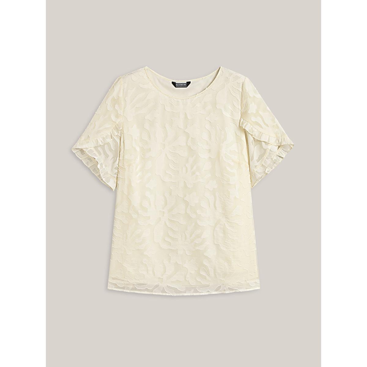 Plus Size Ivory Chiffon Floral Textured Ruffled Blouse Women Elegant Short sleeve Round Neck Everyday-Elegant Blouses BloomChic 30/6X Product Image