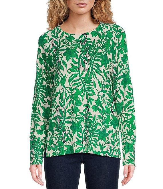 Lilly Pulitzer Salima Knit Leaf Print Crew Neck Bracelet Sleeve Ribbed Sweater Product Image