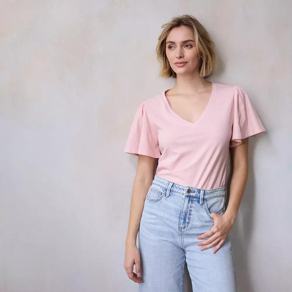 Women's LC Lauren Conrad V-Neck Flutter Sleeve Top, Size: Small, Pink Rhinestone Product Image