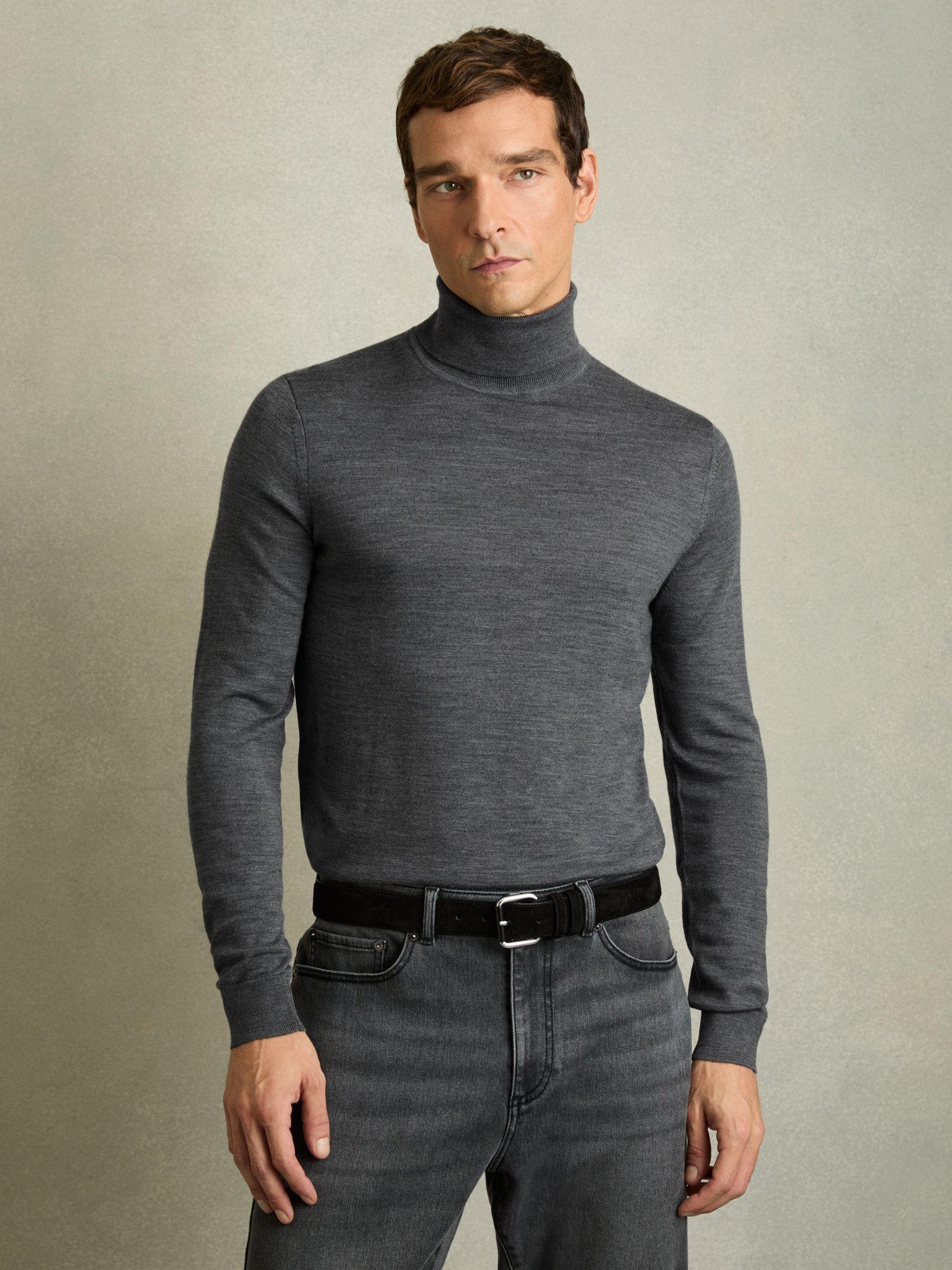 Slim Fit Merino Wool Roll Neck Jumper in Mid Grey Melange Product Image