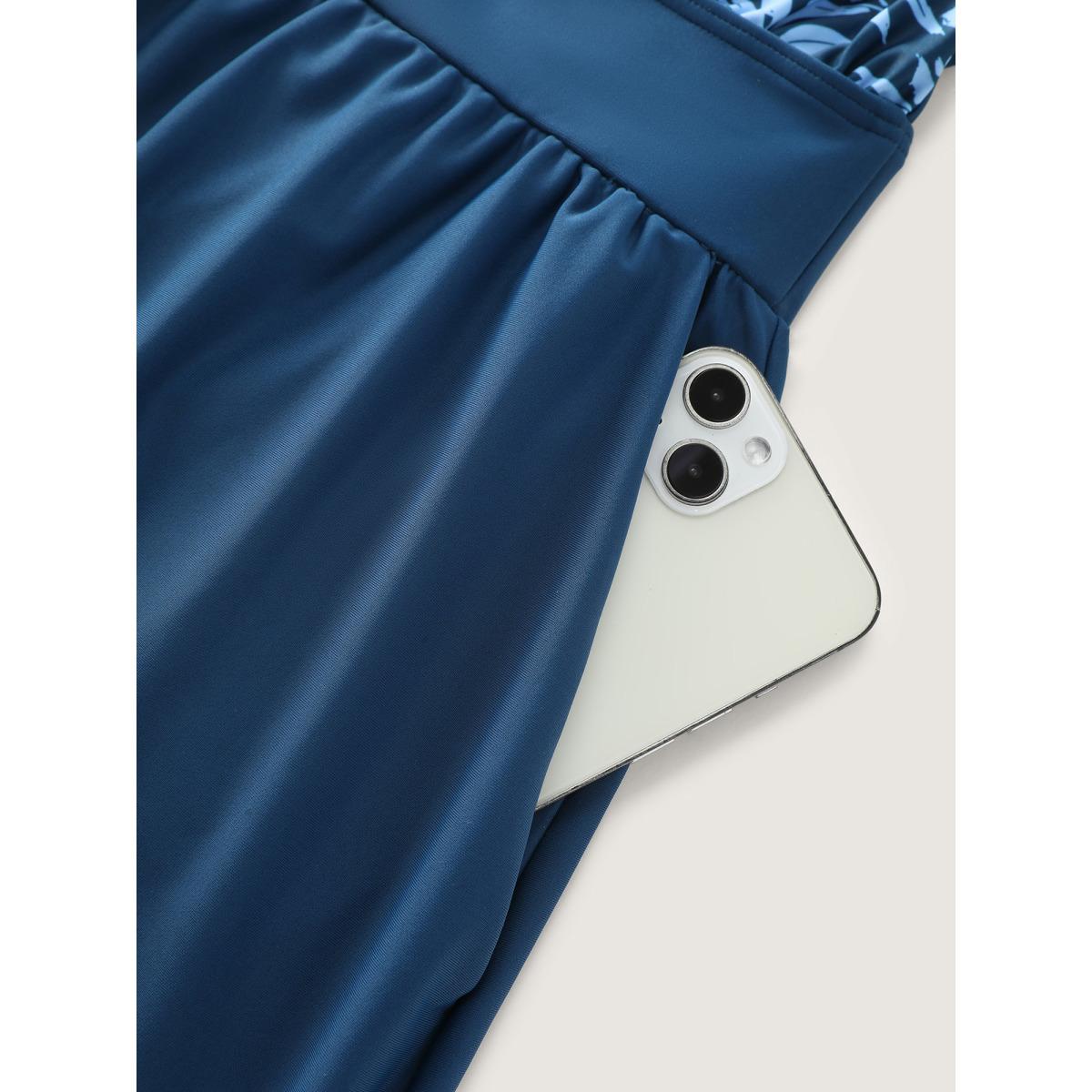 Plus Size Floral Print Keyhole Pockets Swim Romper Women's Swimwear Deeppurple Resort Pocket Curve Bathing Suits High stretch One Pieces BloomChic 10/M Product Image