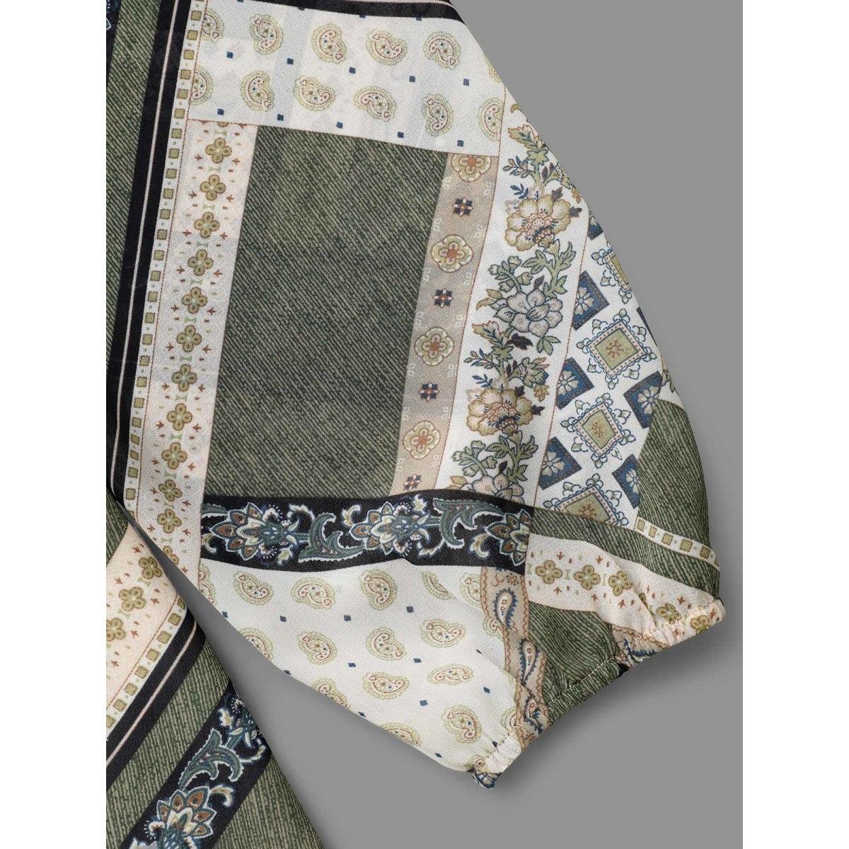 Plus Size Beige Bandana Print V Neck Ruffle Trim Blouse Women Elegant Long Sleeve V-neck Everyday Blouses BloomChic 22-24/3X Product Image