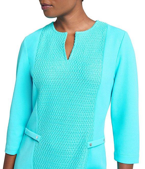 Ming Wang Contrast Panel Soft Knit Split Round Neck 3/4 Sleeve Sheath Dress Product Image