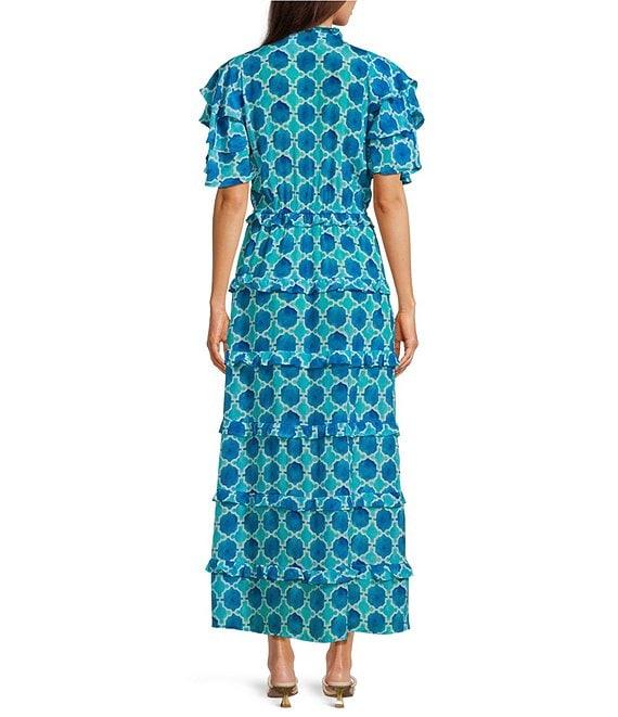 APNY Woven Printed V-Neck Short Ruffle Sleeve Tiered Maxi A-Line Dress Product Image