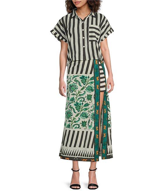 Mo Maya Stripe Print Notch Collar Short Sleeve Coordinating Button Front Shirt Product Image