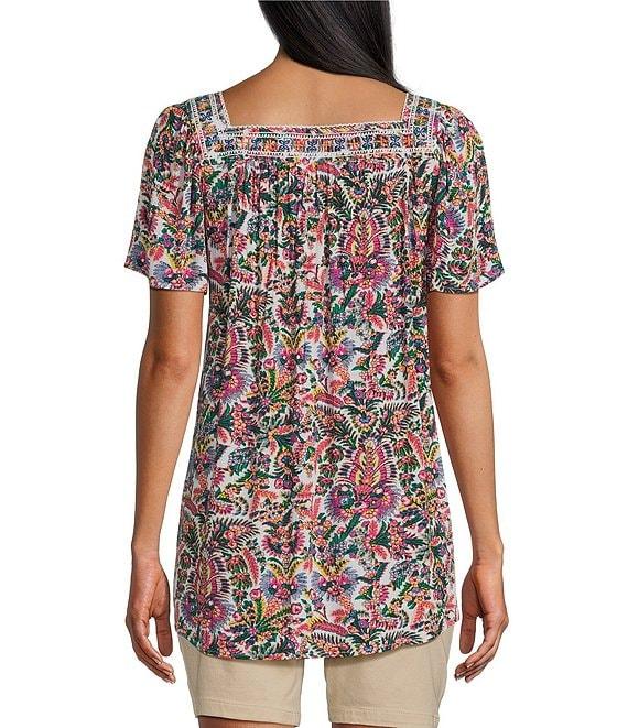 Intro Crinkle Gauze Floral Embroidered Printed Square Neck Short Flutter Sleeve Top Product Image