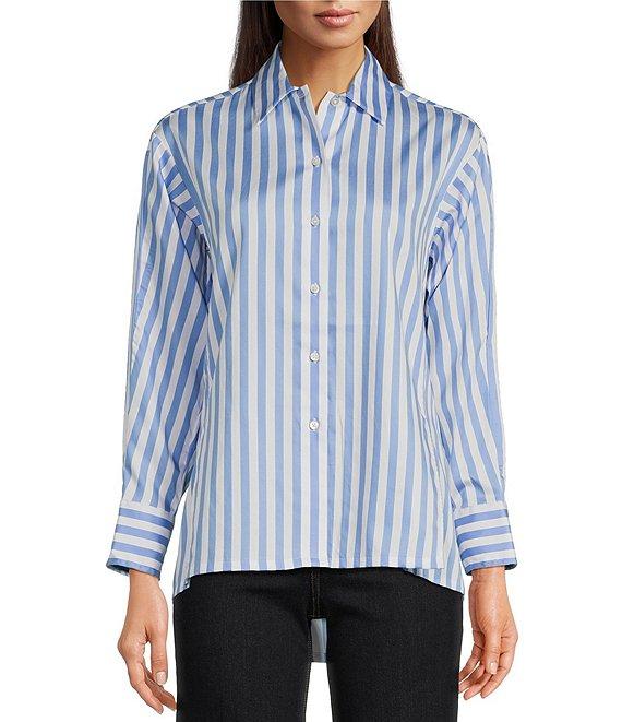 J.McLaughlin Alexis Cotton Sateen Stripe Print Point Collar Long Sleeve Button Front Blouse Product Image