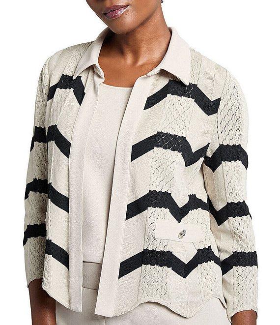 Ming Wang Stripe Knit Collar Neck 3/4 Sleeve Scallop Jacket Product Image