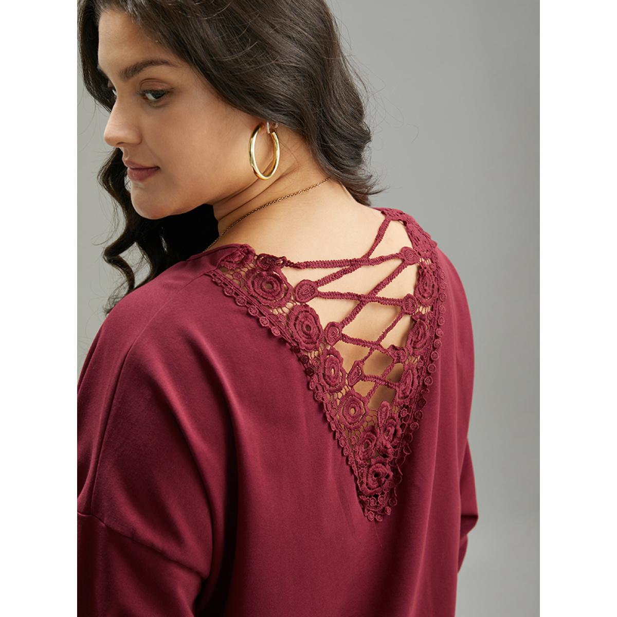 Plus Size Plain Guipure Lace Crisscross Cut Out Sweatshirt Women Burgundy Elegant Elastic cuffs Round Neck Dailywear Sweatshirts BloomChic 10/M Product Image