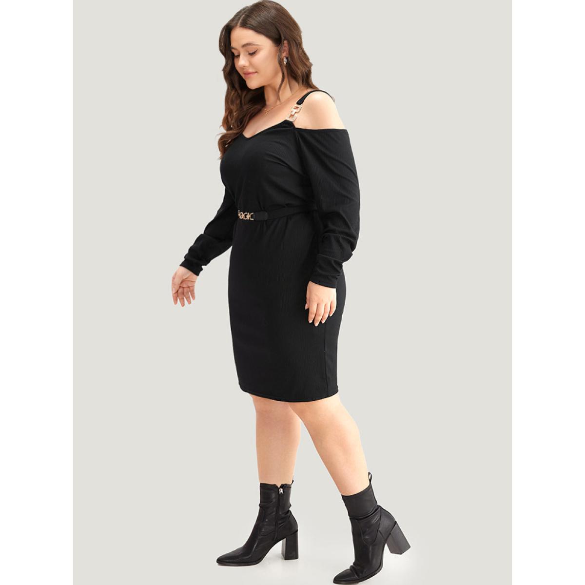 Plus Size Plain Rib Knit Metal Detail Cami Dress Black Women Casual Texture Spaghetti Strap Long Sleeve Curvy Knee Dress BloomChic 12/L Product Image