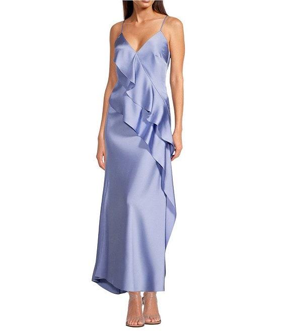 Gianni Bini Quinn Ruffle Draped V-Neck Sleeveless Satin Dress Product Image