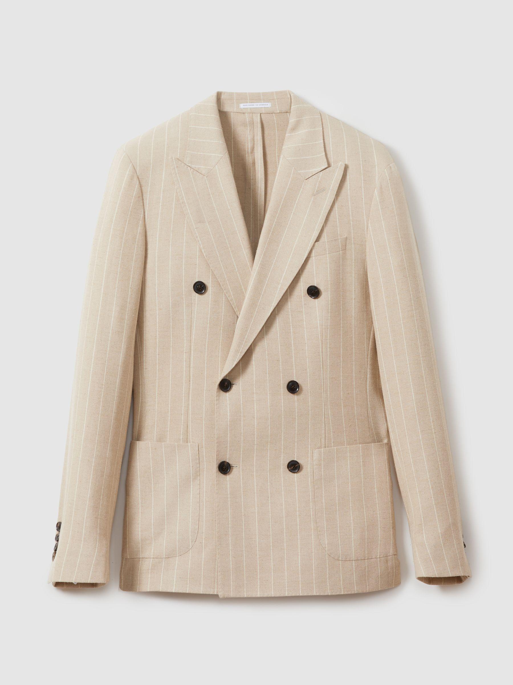 Slim Fit Double Breasted Striped Blazer in Oatmeal Product Image